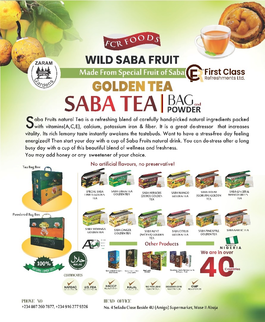 Saba Tea: A premium infusion of carefully selected Nigerian fruits and herbs, delivering rich flavor, wellness, and pure refreshment in every sip.